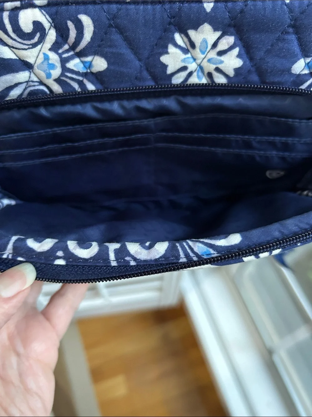 Vera Bradley Steel Blue medallion Navy and White Quilted Floral Crossbody